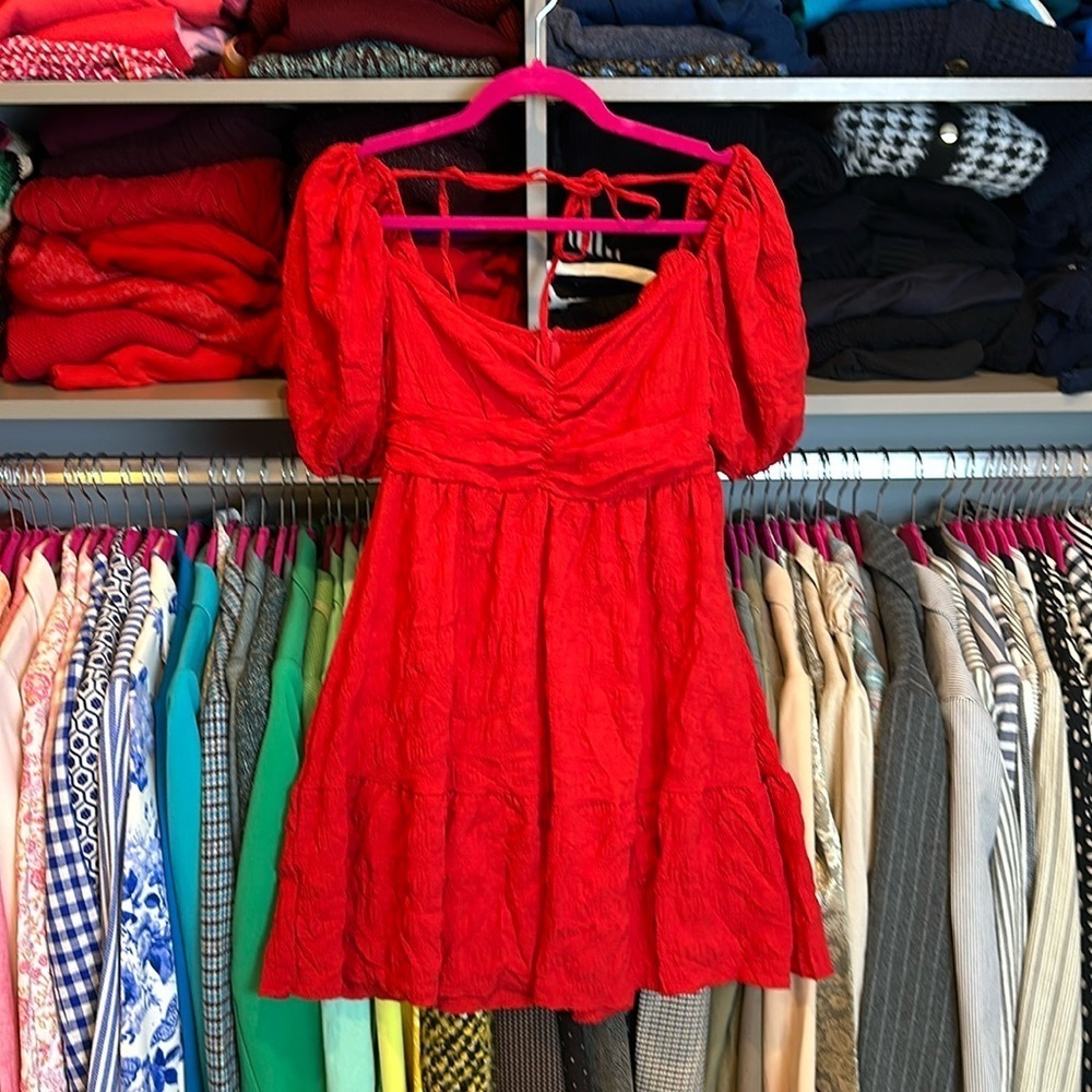 SHEIN red short puff sleeve v neck mini dress size S